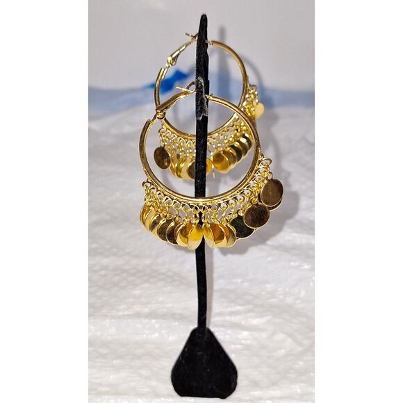 Gold Tone Dangle Drop Earrings Pierced Harem Turkish Style Hoops Elegant Evening - Picture 6 of 8